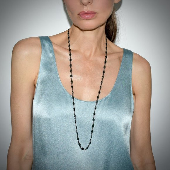 925 Silver Diamond and Faceted Natural Sapphire Long Necklace - Picture 1 of 6